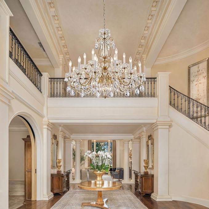 Vintage Crystal Chandelier 18-Lights Large Crystal Chandeliers for High Ceilings Brass Maria Theresa Chandelier Light Fixture for Living Room Hallway Hotel Banquet Hall Lobby Entrance Foyer Dia 37"