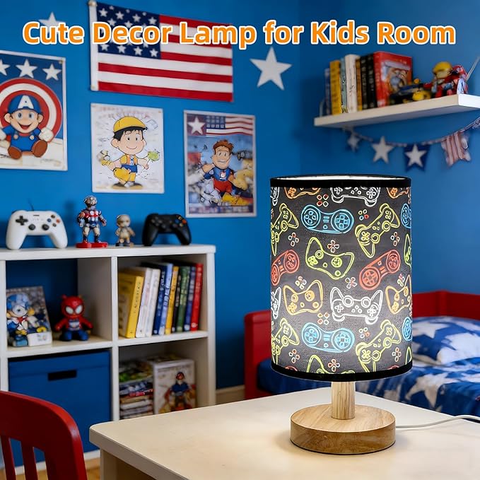 Video Game Table Lamp Kids Bedside Lamps for Bedroom 3 Colors Dimmable Nightstand Night Light Game Lover Decorative Lights with Flaxen Fabric Shade Desk Lamp for Girls Boys Home Playroom Decor