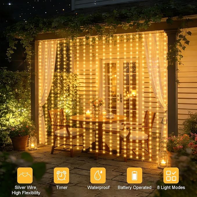 echosari Curtain Lights Battery Operated 9.8 x 9.8Ft with Timer Warm White | 300 LED Fairy Lights for Bedroom Wedding Backdrop Indoor Christmas Decor