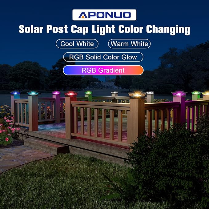 APONUO Solar Post Cap Lights with 8 RGB Solid Colors & Multicolor Flow - 16 Pack 6x6 Post Cap Solar Light, IP65 Waterproof - Fits 4x4 5x5 6x6 Wood & Vinyl Posts - Black