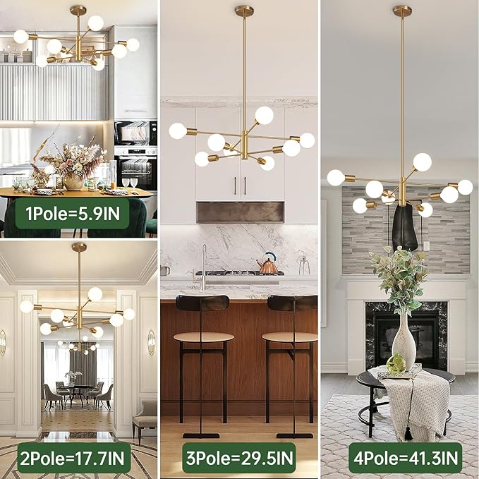 Modern Sputnik Chandeliers Light, 8-Light Gold Dining Room Chandelier Over Table, E26 Mid Century Ceiling Light Fixtures Height Adjustable Hanging Pendant Lighting for Entryway Foyer