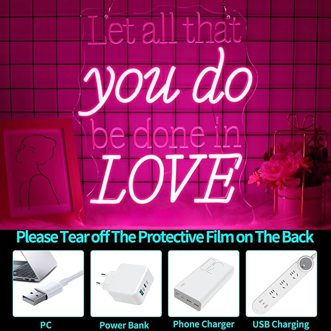 Neon Signs for Wall Decor, JGHTURIE Let All That You Do Be Done in Love Neon Sign LED Wall Light up USB Powered Home Signs for Party Club Event Decoration