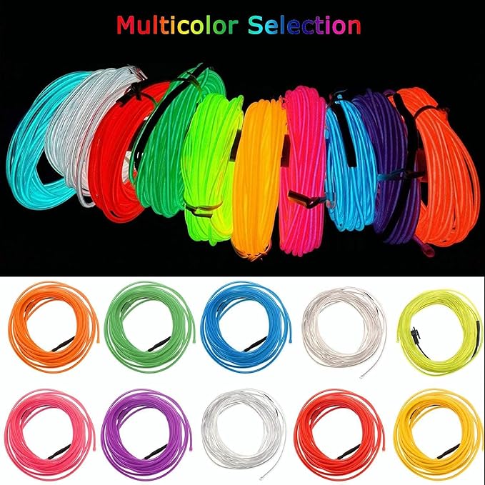 JIGUOOR USB Rechargeable EL Wire 32.8ft/10m (5mx2) Bright Neon Light Strip 360° Illumination Neon Tube Rope Lights for DIY, Festival, Party Decoration, Halloween, Chrismas (32.8ft/10M, Light Blue)