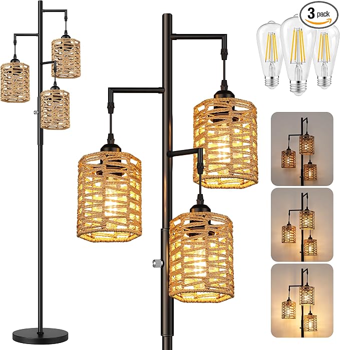 ROTTOGOON Dimmable Rattan Floor Lamp, 3 x 800LM LED Bulbs Included, Boho Tree Standing Lamps with 3 Hand-Woven Octagonal Lantern Shades, Industrial Floor Lamp for Living Room, Bedroom, Office - Black