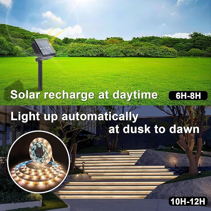 19.8 FT Solar LED Strip Lights, Outdoor Waterproof Rope Light 3000K Cuttable & 8 Modes Solar Powered Tape Lighting for Step, Sign, Driveway (1 Pack)
