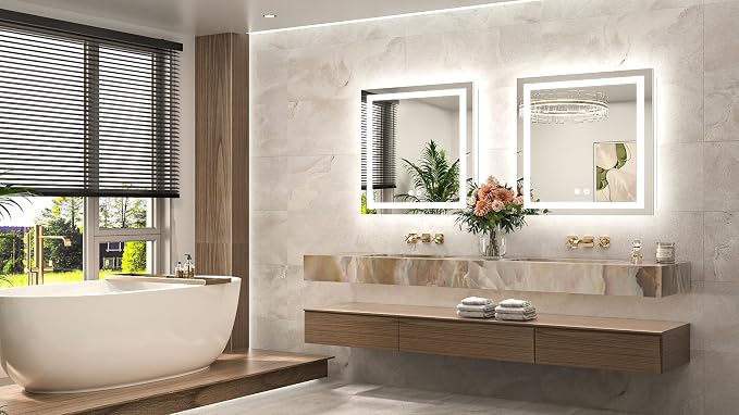 28 x 28 Inch LED Bathroom Mirror with Frontlit and Backlit, Brighter Light up Bathroom Vanity Mirror with Lights, 3-Color Dimmable Illuminated Anti Fog Mirror Wall Mounted, Waterproof