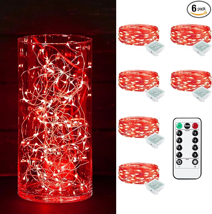 6 Pack Fairy Lights Battery Operated with Remote Timer 8 Lighting Modes,7ft 20 LED Waterproof Mini String Lights for Halloween Christmas Table Centerpieces Bedroom Decorations,Red
