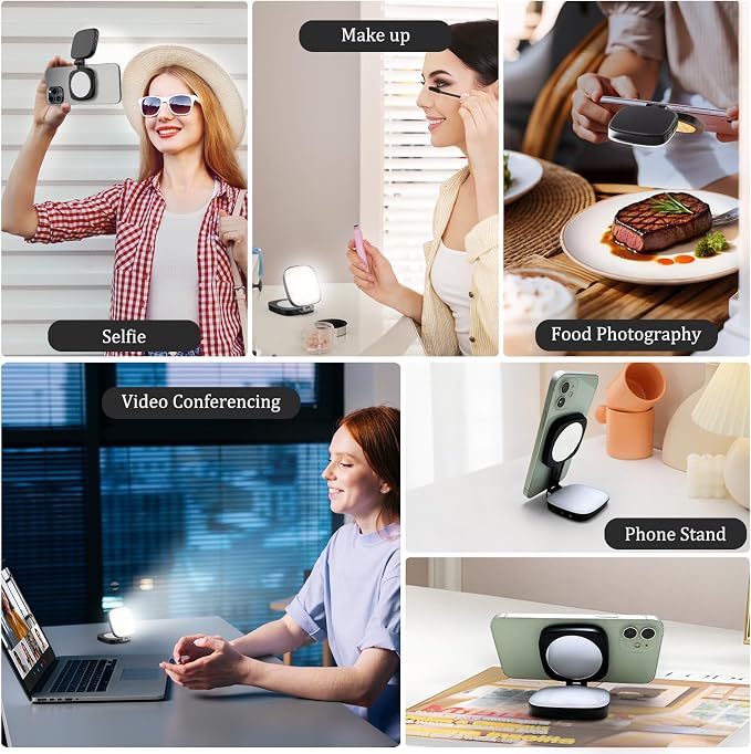 Magnetic Selfie Light Compatible with MagSafe for iPhone – Rechargeable LED Fill Light with Mirror, CRI≥95, 5 Color Temps, Foldable Ring Light