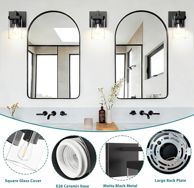 Set of 2 Wall Sconce, Square Design Morden Bathroom Lighting Fixtures with Clear Glass Shade, Matte Black Wall Lights for Living Room/Bedroom/Hallway/Porch