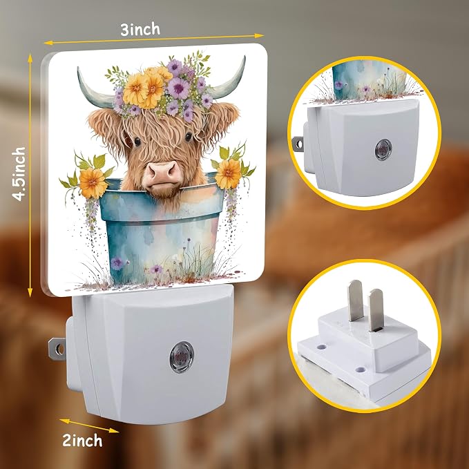 Night Light,Cartoon Highland Calf in Flower Pot Plug-in Night Light Auto Dusk-to-Dawn Sensor Energy Efficient LED Lamp for Room Decor,Hallway,Kitchen,Bathroom,Nursery,Stairs