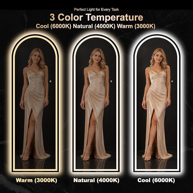 LED Arched Full Length Mirror, 70"x24" Full Body Mirror with Lights, Dimmable & 3 Color Lighting, Standing/Leaning/Wall Mounted Vanity Mirror for Bedroom, Dressing Room, Living Room