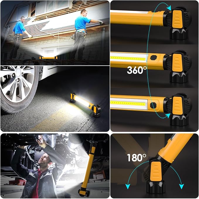Ropelux Mechanic Work Light Bar with 2500LM 5200mAh Battery, Orange 3 Pcs | 2-Level Brightness, 7500K Cool White, 4-10 Hours Runtime, Magnetic Bases, Hooks, 360° Rotating, Rechargeable, Tool Gift