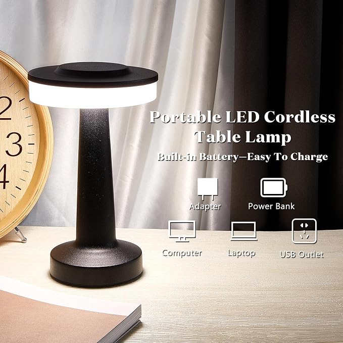 Riakrum 12 Pcs Black LED Portable Cordless Table Lamp Bulk with Touch Sensor 3 Color Stepless Dimming Rechargeable Battery up to 15 Hours Cordless Table Light Wireless Lamp Wedding Home