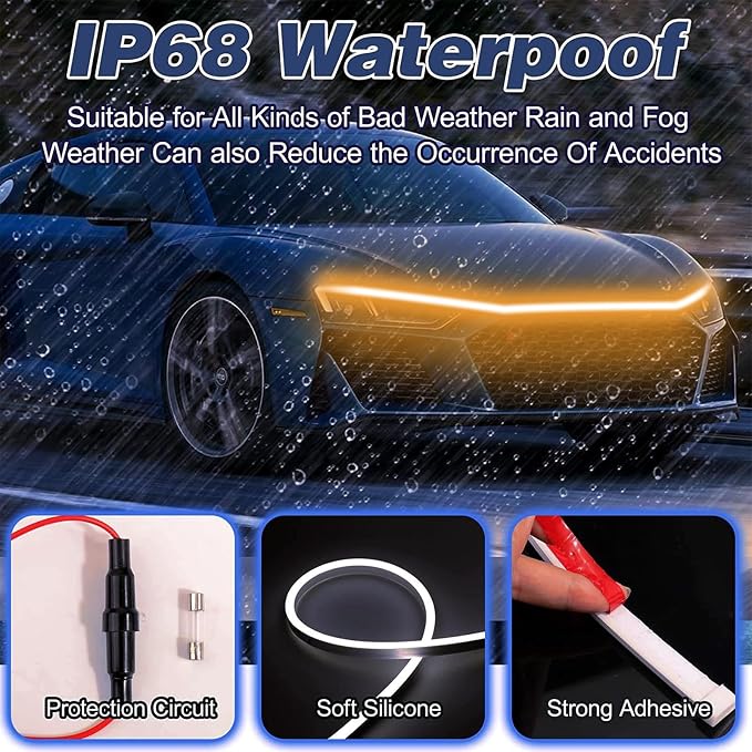 Car LED Hood Light Strip for Cars, SUVs, Trucks, Yellow, 70 Inch | 12V, Universal, Flexible Waterproof Daytime Running Light, Dynamic Scan Start-up Effect, Super Bright Bonnet Lights