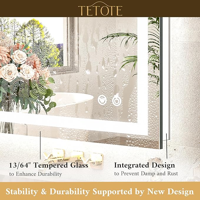 LED Lighted Bathroom Mirror with Lights 48 x 30 Brighter Front and Backlit Light up Mirror for Bathroom Wall, Illuminated Vanity Anti Fog Mirror, 3-Color Stepless Dimmable, Tempered Glass