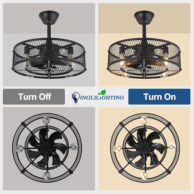 DLLT Caged Ceiling Fan with Light: 20" Farmhouse Fandelier with Lights and Remote & APP - Black Rustic Semi Flush Mount Bladeless Ceiling Fans Enclosed Fan for Bedroon Kitchen Living Dining Room