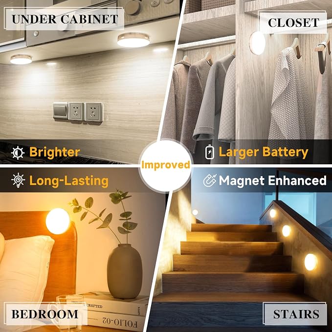Improved LED Rechargeable Motion Sensor Light Indoor, Bright & Long-Lasting | Stick-On Motion Sensor Puck Night Lights for Closet, Cabinet, Kitchen, Hallway, Stairs - Warm 2Pack