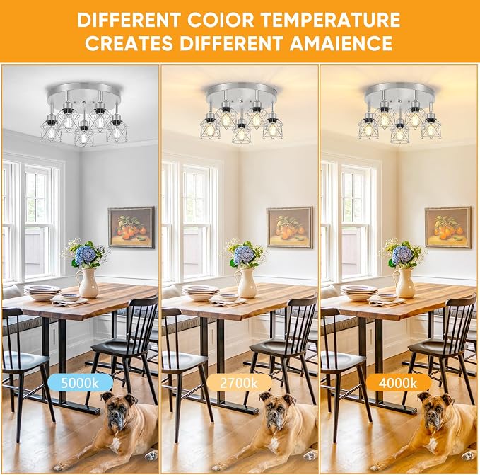 Baocuz 5-Light Kitchen Light Fixtures, Silver Adjustable Semi Flush Mount Ceiling Light with E26 Base, Multi-Directional Track Ceiling Lighting for Hallway, Dining Room, Entryway