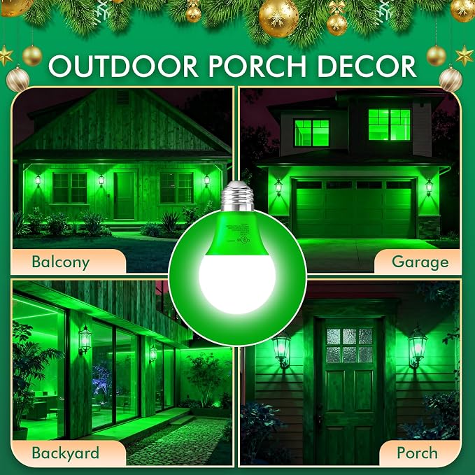 TJOY Green LED Light Bulb Outdoor Porch Halloween, A19 Colored 60 Watt Eq | Green Colored LED Lights, 5W E26 Base, Christmas Indoor Party Bedroom Decoration, Non-Dimmable, 4 Pack