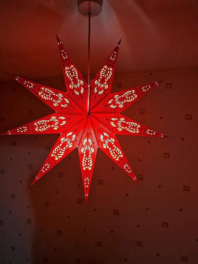 Lantern Lampshade 9 Pointed Paper Star Light Shades Large 60cm Star Hanging Decorations for Christmas Wedding Home Decoration Birthday Party (Red, Black)