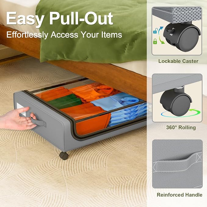 GoMaihe Under Bed Storage with Wheels 48L Grey 4-Pack | Underbed Storage Containers with Lids Rolling Bins for Shoes Clothes in Dorm Bedroom - Metal Drawers Easy Pull-out