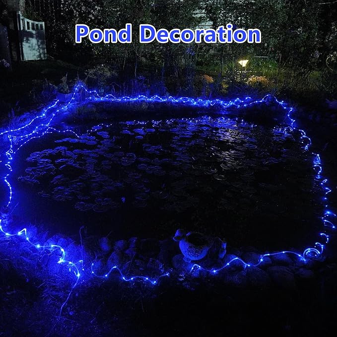 QITONG Blue Solar Rope Lights Outdoor, 2 Pack Each 33ft 100 LED String Light, Fairy Lights in Clear Thin Tube with 8 Modes