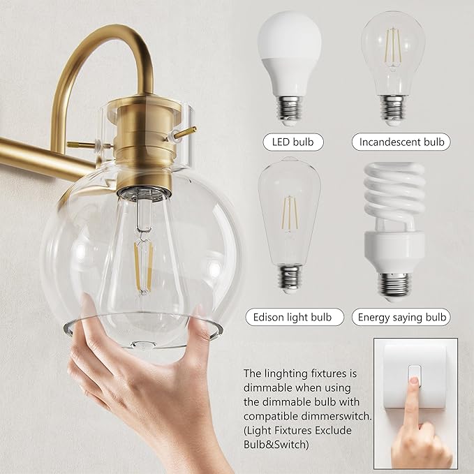 2-Light Gold Bathroom Light Fixture, Modern Bathroom Vanity Light Over Mirror Two Light Brushed Gold Vanity Lights for Wall Sconce Lighting, E26 Base,Gold
