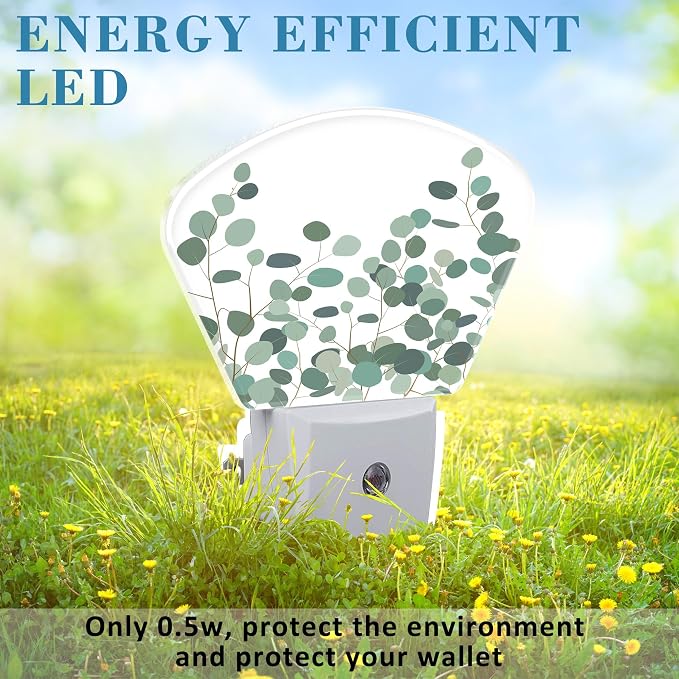 Green Eucalyptus Night Light for Kids Girls Boys, Watercolor Eucalyptus LED Night Light Plug into Wall with Dusk to Dawn Sensor for Room, Hallway, Kitchen, Bathroom, Stairs Decor