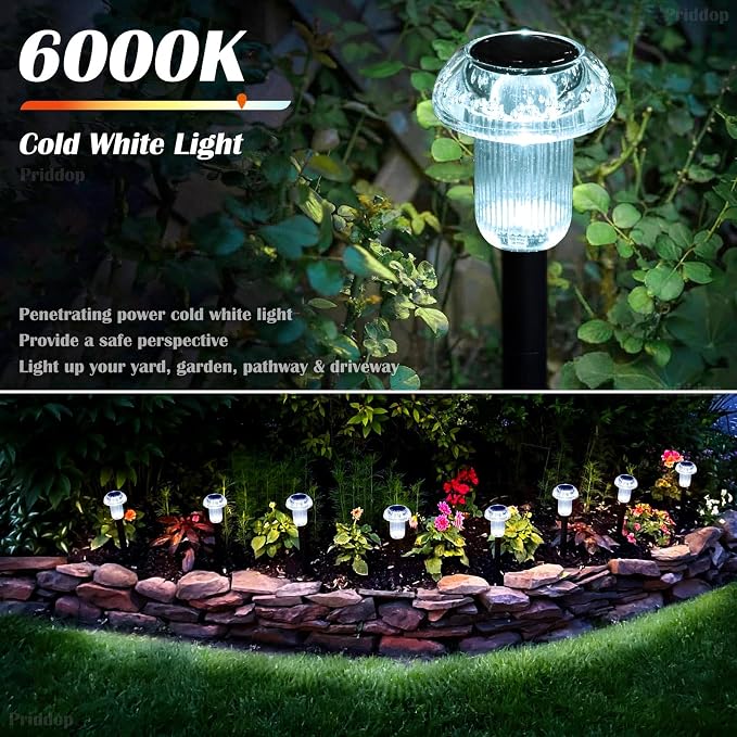 Priddop 8 Pack Solar Pathway Lights Outdoor Waterproof 6000K Cool White LED | Auto On/Off Mushroom Stake Lights for Yard Patio Lawn Driveway Walkway Garden Decor, Acrylic/ABS Landscape Path Lights