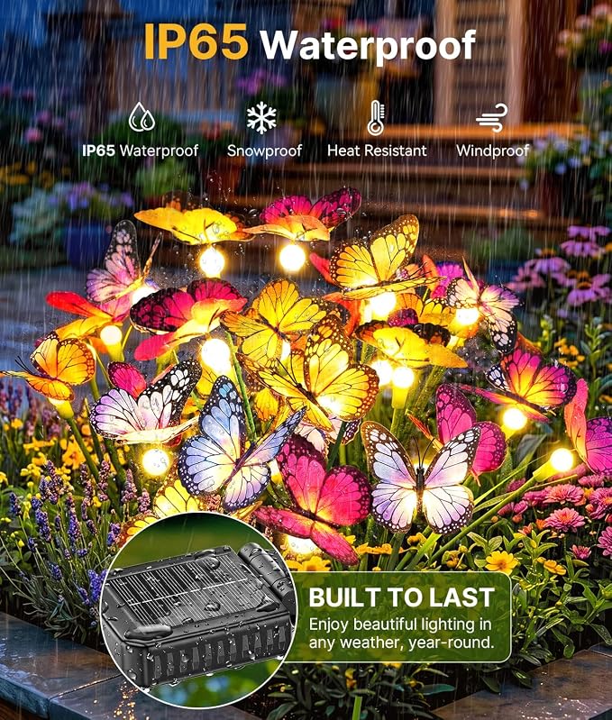 Solar Butterfly Garden Lights, 6 Pack 48 Swaying Butterflies | Lifelike Silk Wings on Wire Stems, For Yard, Patio, Pathway & Lawn, IP65 Waterproof Outdoor, Flutters in Any Breeze