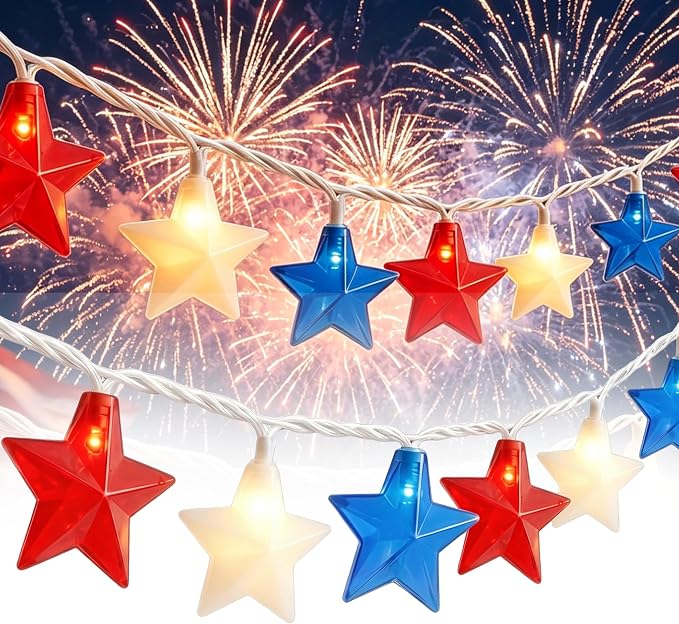 8.5Ft Red White and Blue Star Lights, 4th of July String Lights Plug in | 10 Five Star LED Bulbs, Connectable, Fourth of July Decorations for Independence Day Patriotic Party, White Wire