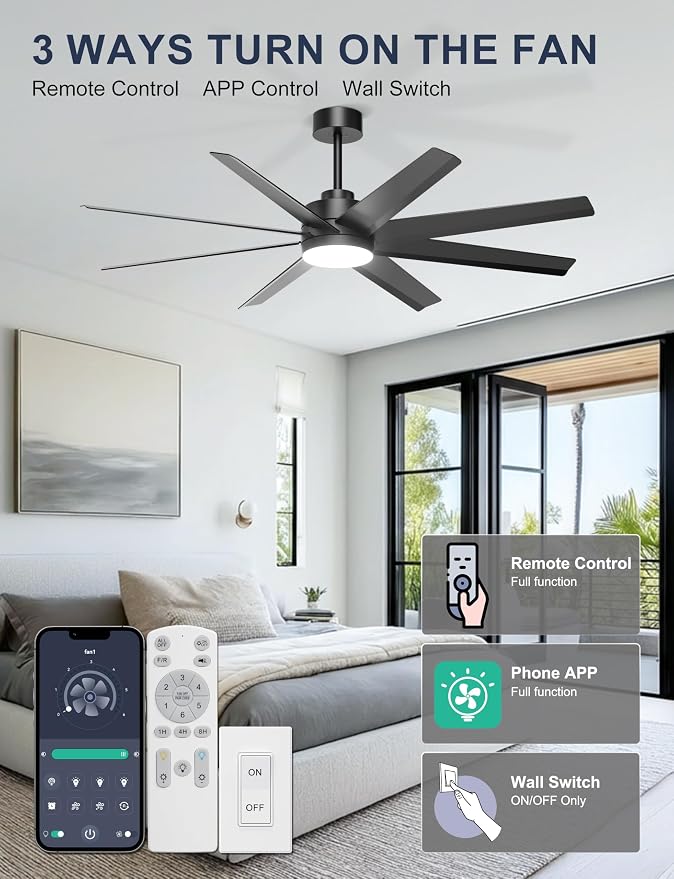 Ohniyou 60" Black Ceiling Fan with Light for Patio, Porch, Living Room | Remote/App Control, Quiet DC Motor, 3CCT Dimming, Modern Covered Outdoor Fan with 8 ABS Blades