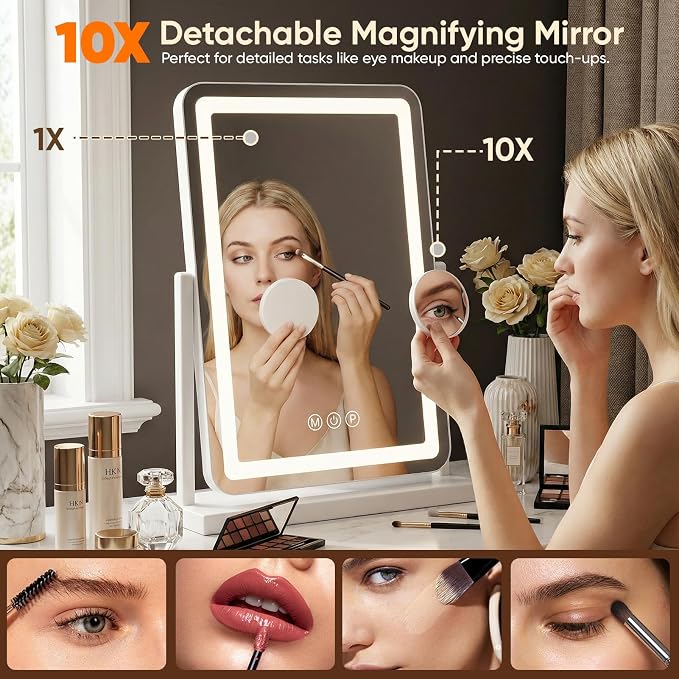 Antok Vanity Mirror with Lights, 14"X18" Lighted Makeup Mirror, Smart Touch, 3 Color Modes and Brightness Adjustable, LED Vanity Mirror with Detachable 10X Magnification, 360° Rotation for Makeup Desk