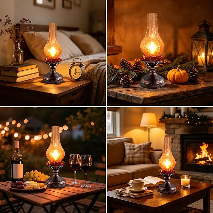 Vintage Table Lamp with Red Amber Gradient Crackle Glass Shade,Touch Control & 3-Way Dimmable Rustic Retro Farmhouse Bedside Lamp for Bedroom, Living Room, Cabin, Office (LED Candle Bulb Included)