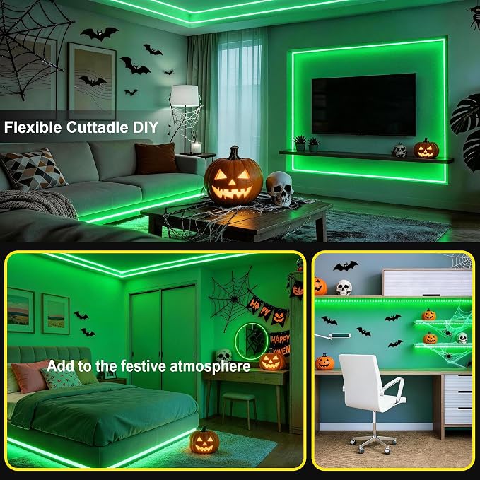 Green 30ft Led Lights Strip Halloween Decorations Indoor Rope Lights Easy DIY Cuttable Strip Lights for Room Bathroom Living Room Kitchen Ceiling Wall Vanity Mirror Decor