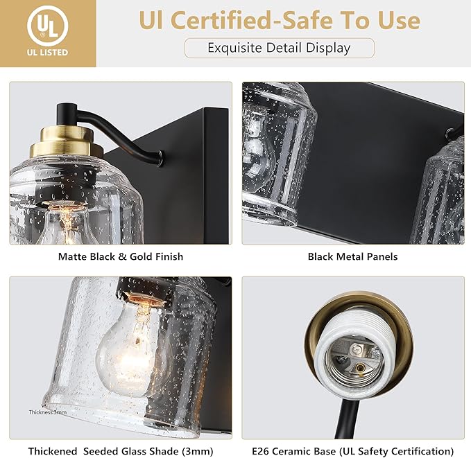 31.5" Large Farmhouse Bathroom Vanity Light,4-Light Black and Gold Metal Vanity Light with Bubble Glass Shades,Rustic Wall Sconce Lighting Fixtures Over Mirror for Barhroom,Kitchen. BD005-4-BG