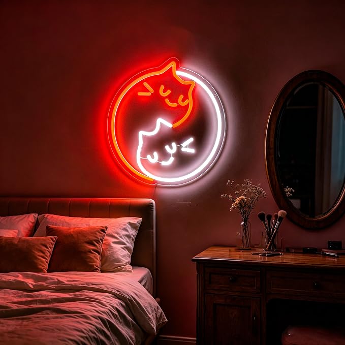 Neon Sign, Cat Neon Signs for Wall Decor LED Signs Neon Light | Yin Yang Cat Neon Sign for Bedroom, Kids Room, Gaming Room, Living Room, Party, Bar, Home Decor, Boys Gift, USB Powered