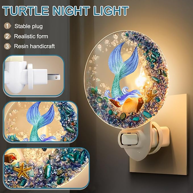 Hortsun Plug in Seashell Night Light Ocean Sea Animal Decorative Night Light Plug in Beach Lamps Vintage Ocean Lamps for Adult for Home Bedroom Living Room Bathroom Wall(Mermaid)