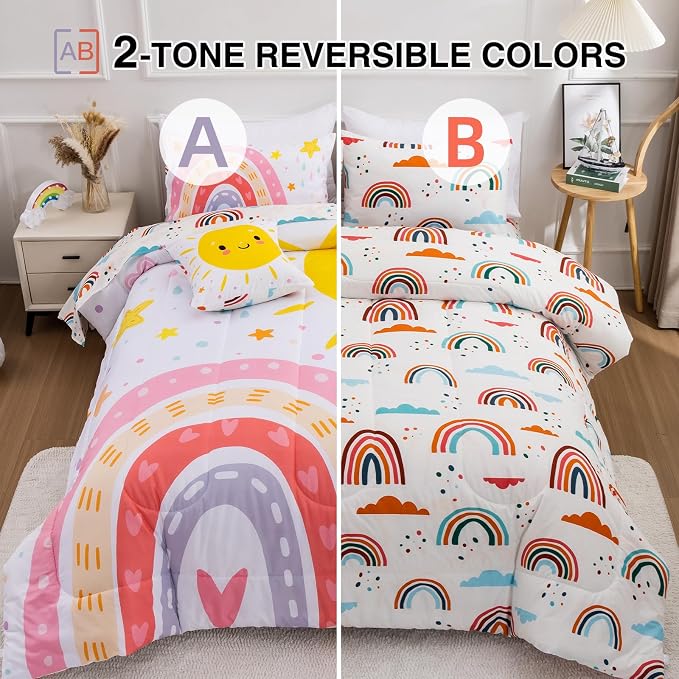 A Nice Night Lightweight Soft Cartoon Rainbow 6Pcs Queen Comforter Sets, Love Hearts Printed Bedding Set for Boys Girls(White,Queen)