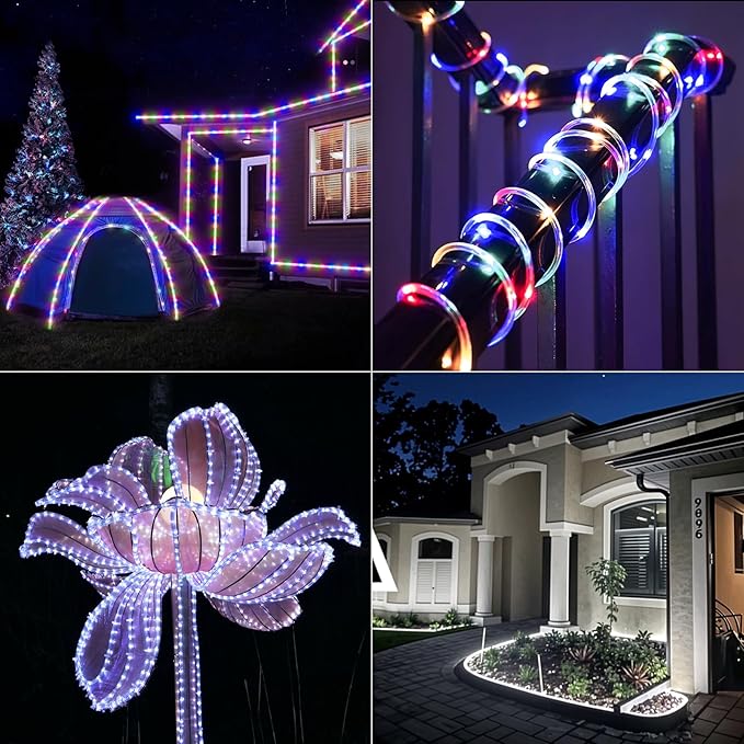100FT 720 LED Waterproof Rope Lights with Remote, 8 Modes and 4 Brightness Tube Lights for Christmas, Bedroom, Patio, Outside, Garden, Indoor Outdoor Decoration (White and Multicolor Change)