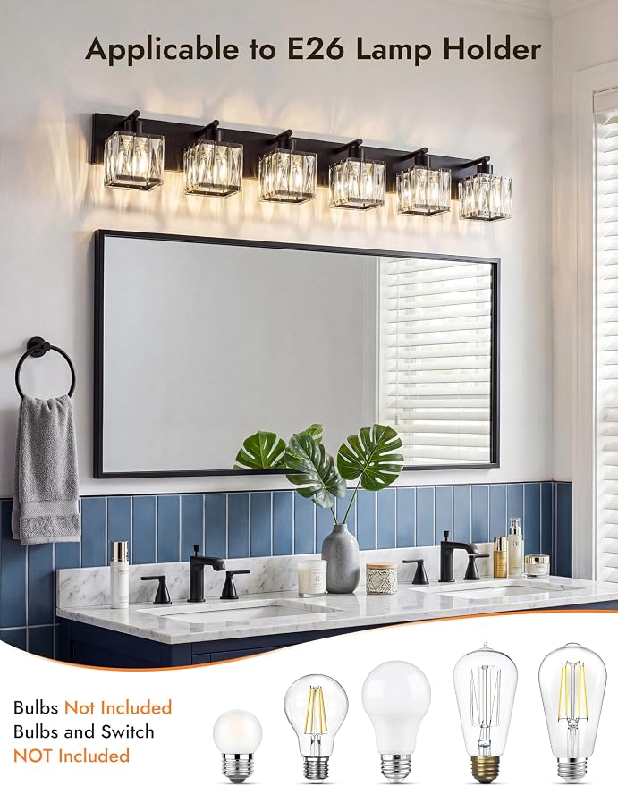 VOLISUN Black Bathroom Light Fixtures, Modern Bathroom Lighting Fixtures Over Mirror, 6 Light Bathrooms Vanity Light, Crystal Vanity Light for Bathrooms-UL Certificated(Exclude Bulb)