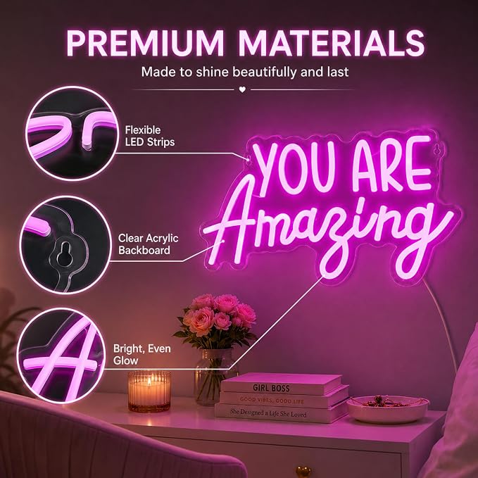 You Are Amazing Neon Sign Wall Decor | Neon Light Classroom Bedroom Decor, 15.8'' x 8.3'' LED Pink Light up USB Signs, Christmas Birthday Party Gifts