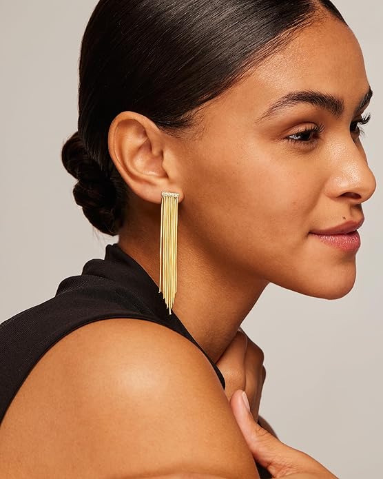 PAVOI 14K Gold Plated Long Tassel Dangle Earrings for Women - 925 Sterling Silver Posts Elegant Rhinestone Chain Chandelier Drop Earrings - Statement Jewelry