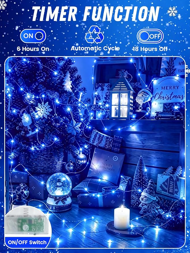 4 Pack 60 LED Fairy Lights Battery Operated with Timer, String Lights Blue | 20 FT, Cuttable Copper Wire, Waterproof Battery Lights for Indoor Outdoor, Wedding, Birthday, Bedroom, Christmas Decorations
