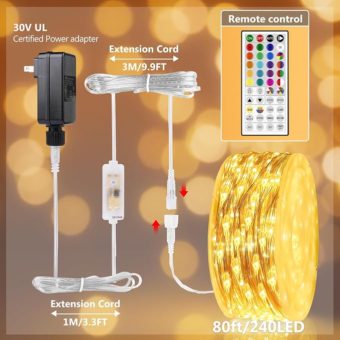OMIKA Fairy Lights Plug in, 80FT 240 LED Fairy Lights with Remote, 150 Lighting Modes String Lights Indoor, RGB Colors+Warm White Fairy Lights for Bedroom Party Outdoor Decor
