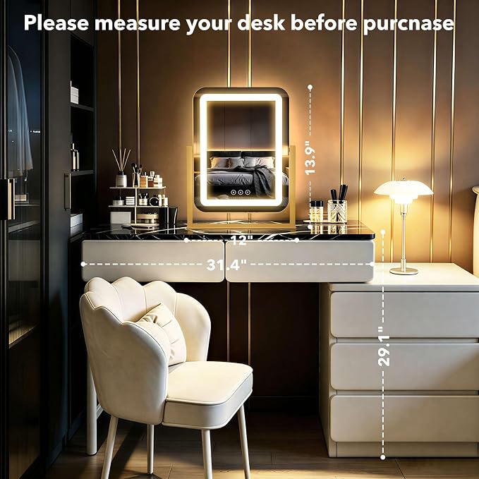 12"×13.9" Vanity Mirror with Lights, LED Makeup Mirror | Smart Touch, 3 Dimmable Colors, Memory Function, 10X Magnifying, for Desk, Bedroom, Dorm, Vanity
