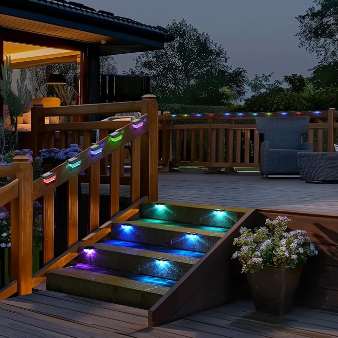 Herzila 16 Pack Solar Fence Lights, RGB Color Changing Christmas Fence Solar Light, Waterproof Deck Lights for Step, Stair, Pool and Yard