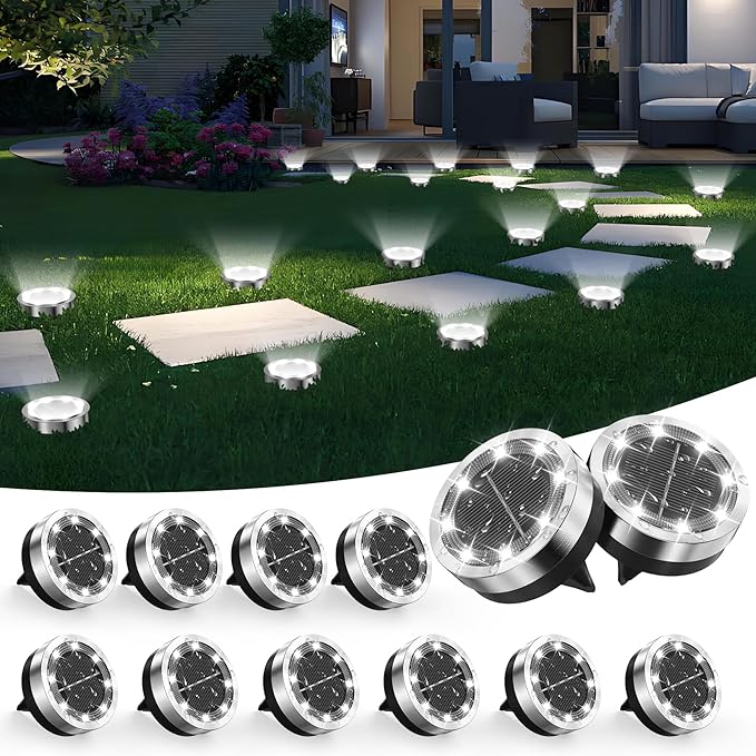 Solar Ground Lights Outdoor, 12 Pack Solar Lights Outdoor Waterproof White | Mini Flat Solar-Powered Garden Lights, Landscape Lighting for Garden Yard Lawn Pathway Walkway Driveway Deck Yard Decoration