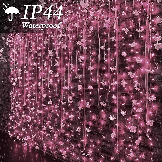 200 LED Pink Curtain String Lights 9.8x6.6FT, Plug in Fairy Lights, 9 Hooks, Dimmable Timer 8 Modes, IP44 Waterproof, Princess Girls Bedroom Wall Wedding Party Birthday Indoor Decor