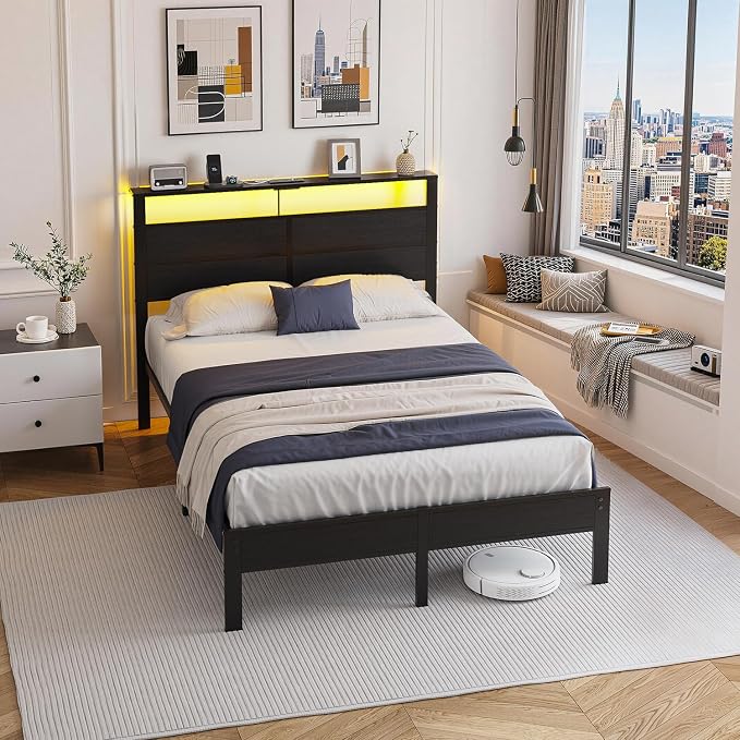 Full Size Metal Bed Frame with Storage Headboard, LED Lights | USB Charging Station, Metal Platform Bed with Sturdy Slats,Noise Free,No Box Spring Needed, Easy Assembly